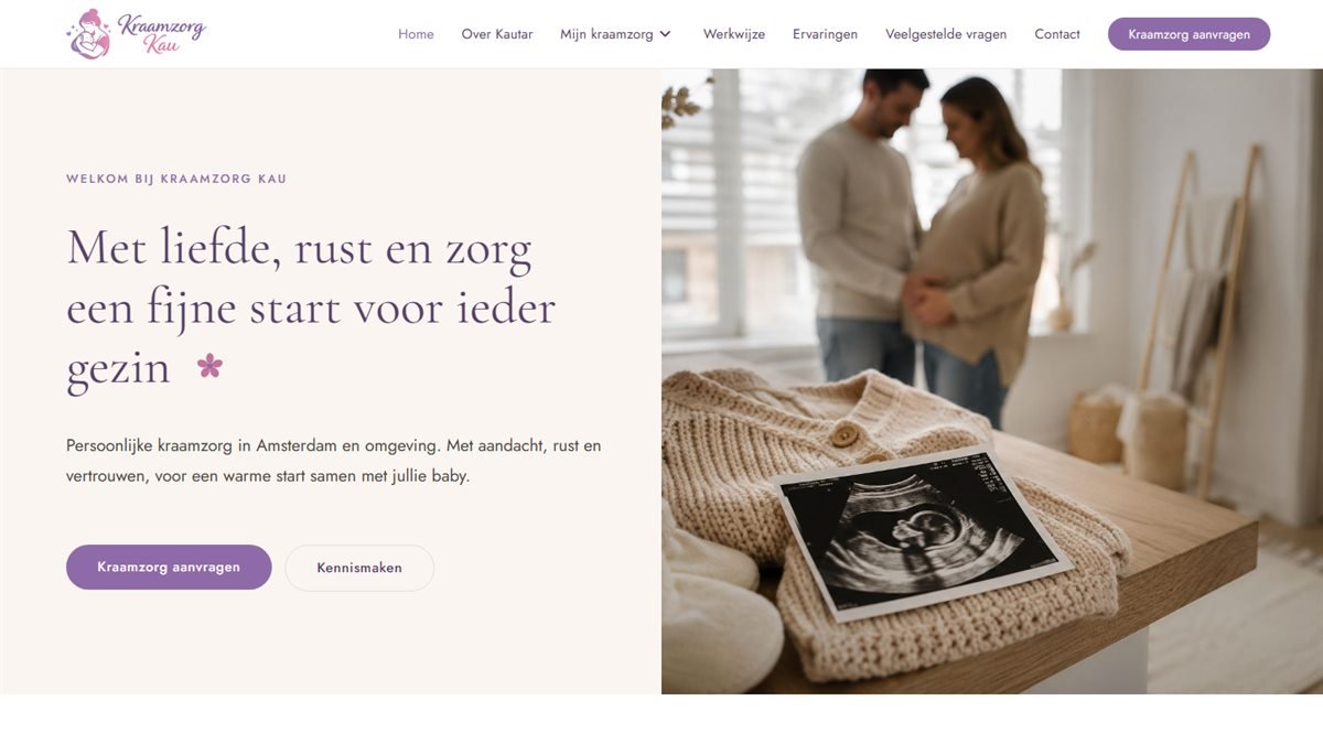Schermafdruk van de website van Kraamzorg Kau
