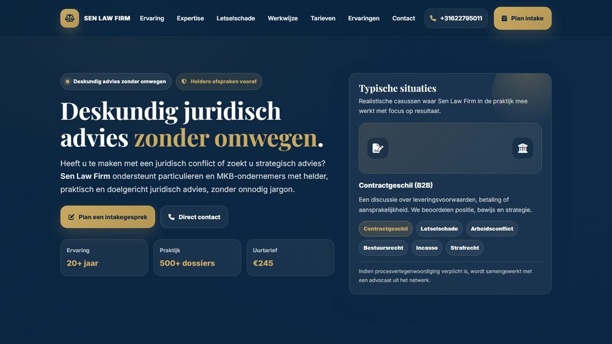 Schermafdruk van de website van Sen Law Firm